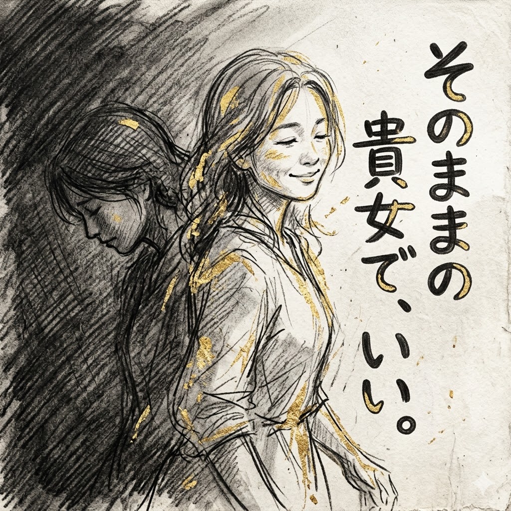 影から這い出る女性。炭画風アート。