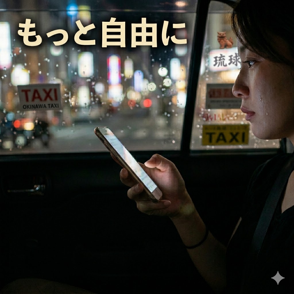 スマホを見て迷う女性のリアルなタクシーの窓辺。