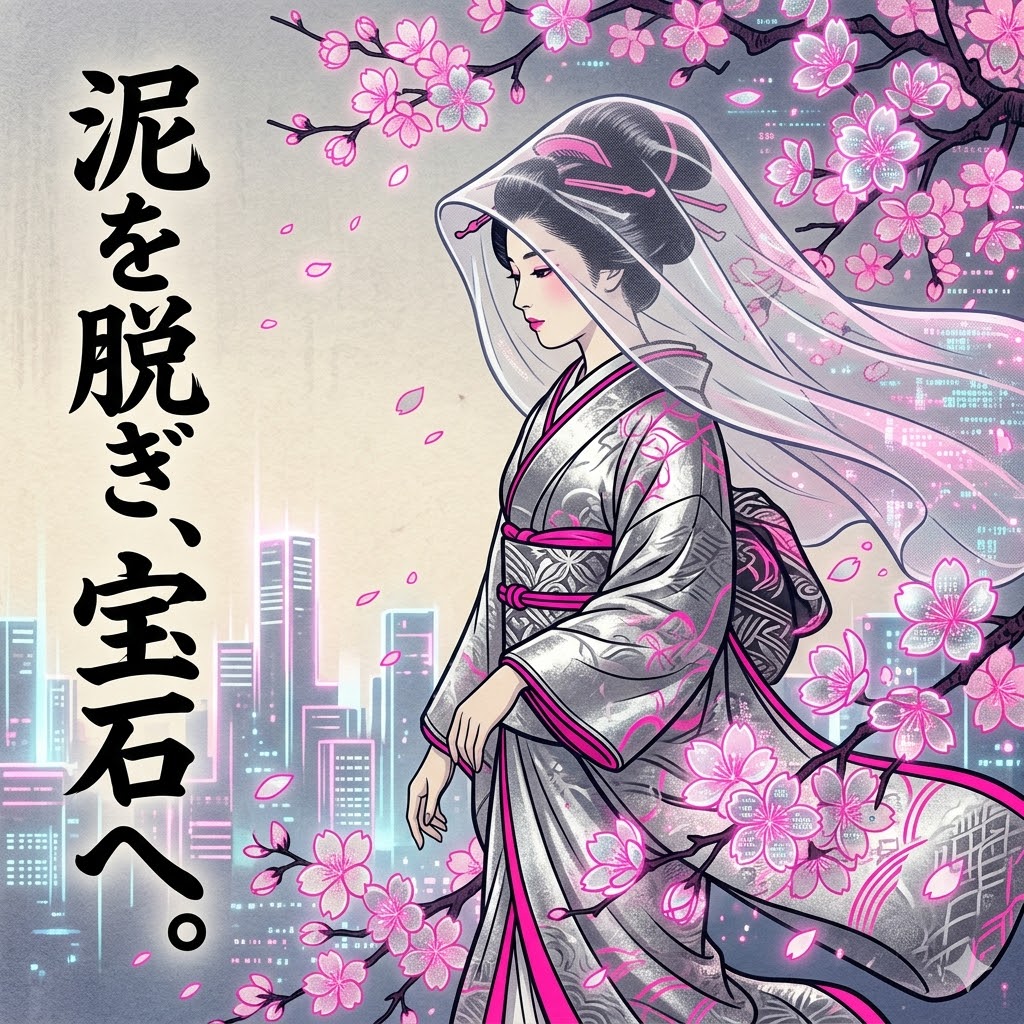 デジタルな桜吹雪の中を歩く女性。再生を象徴。