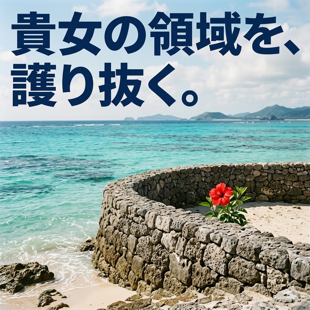 穏やかな沖縄の海と、一輪のハイビスカスを護る石垣。