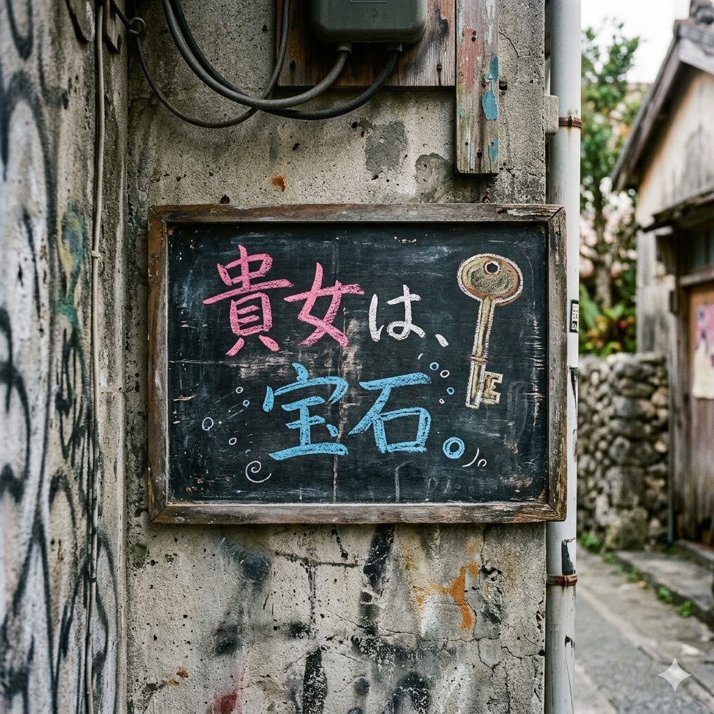 那覇の路地裏。黒板に書かれた手書きの宝石のメッセージ。