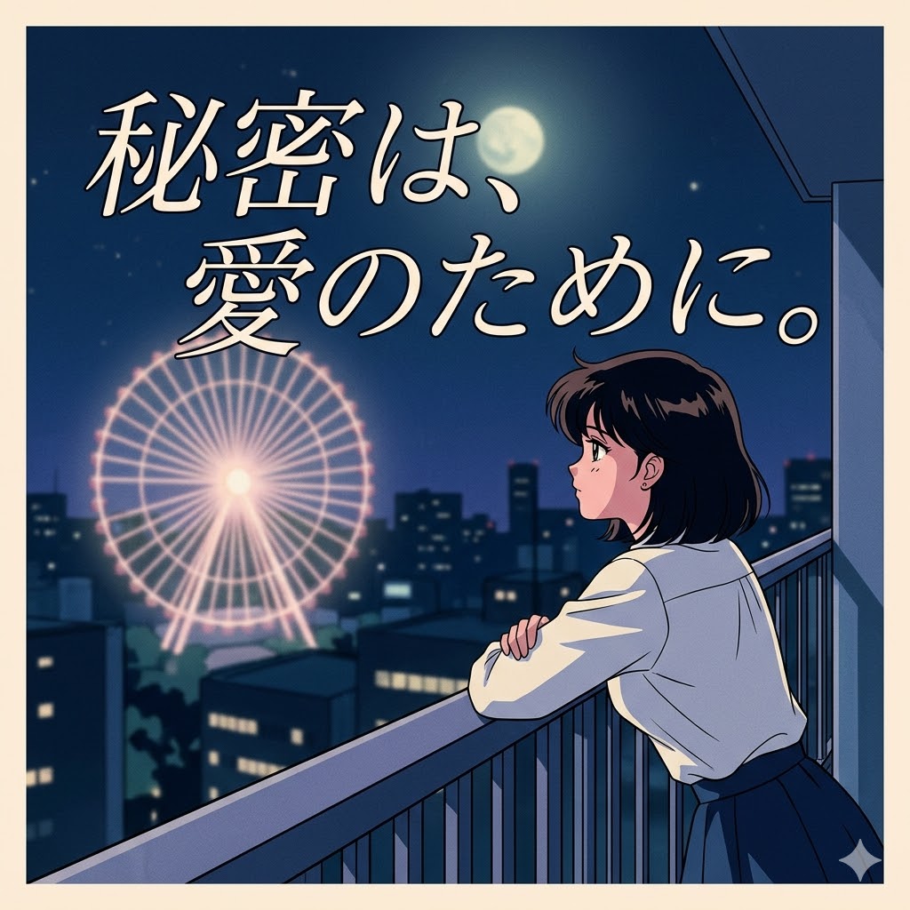 夜の街を見つめる女性のレトロアニメ風イラスト。