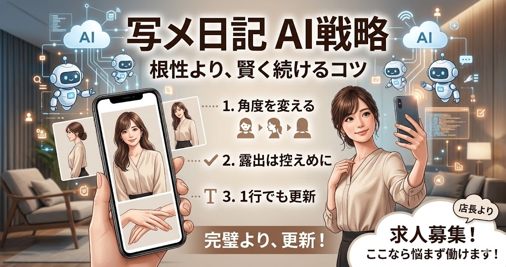 写メ日記のAI戦略を解説する求人ブログのアイキャッチ画像。「根性より、賢く続けるコツ」として、角度を変える・露出は控えめに・1行でも更新という3つのポイントと、自撮りをする女性のイラストが描かれています。