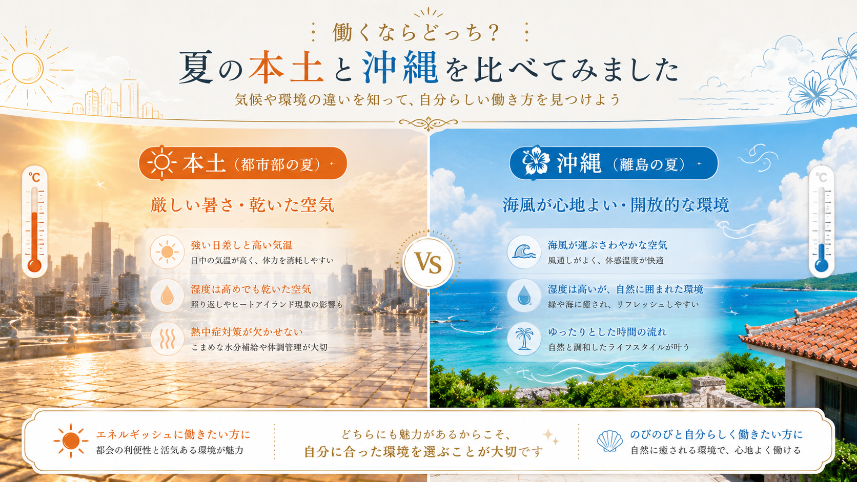 本土の猛暑と沖縄の海風による過ごしやすさを比較する図解イメージ