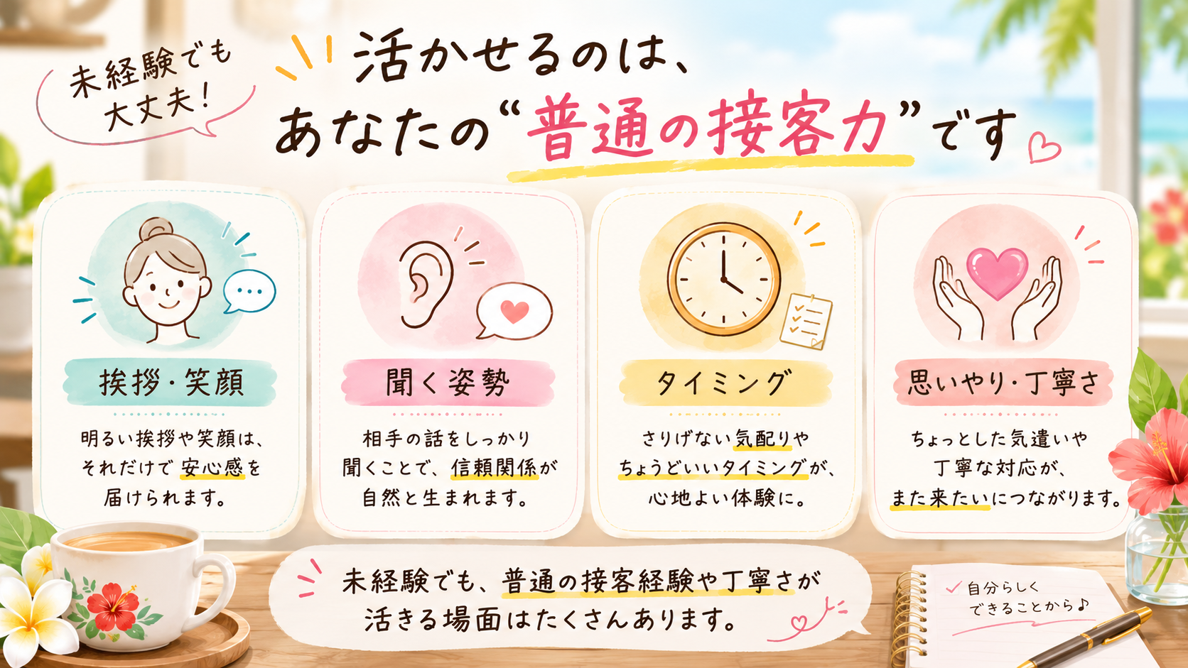 未経験女性でも挨拶や聞く姿勢や丁寧さが接客の強みになることを示す図解