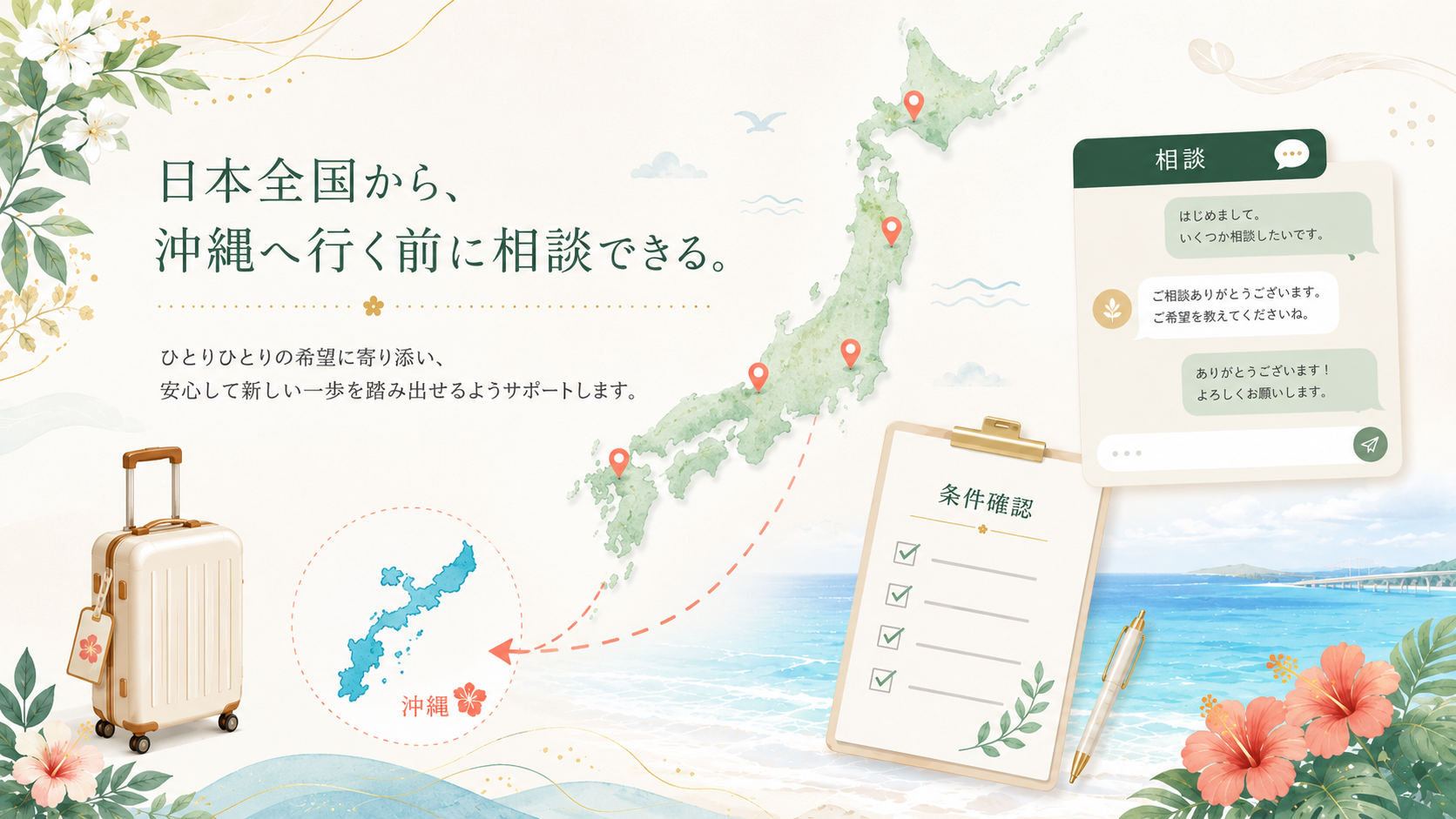 全国から沖縄出稼ぎを考える女性が来沖前に相談できることを示す導入カード