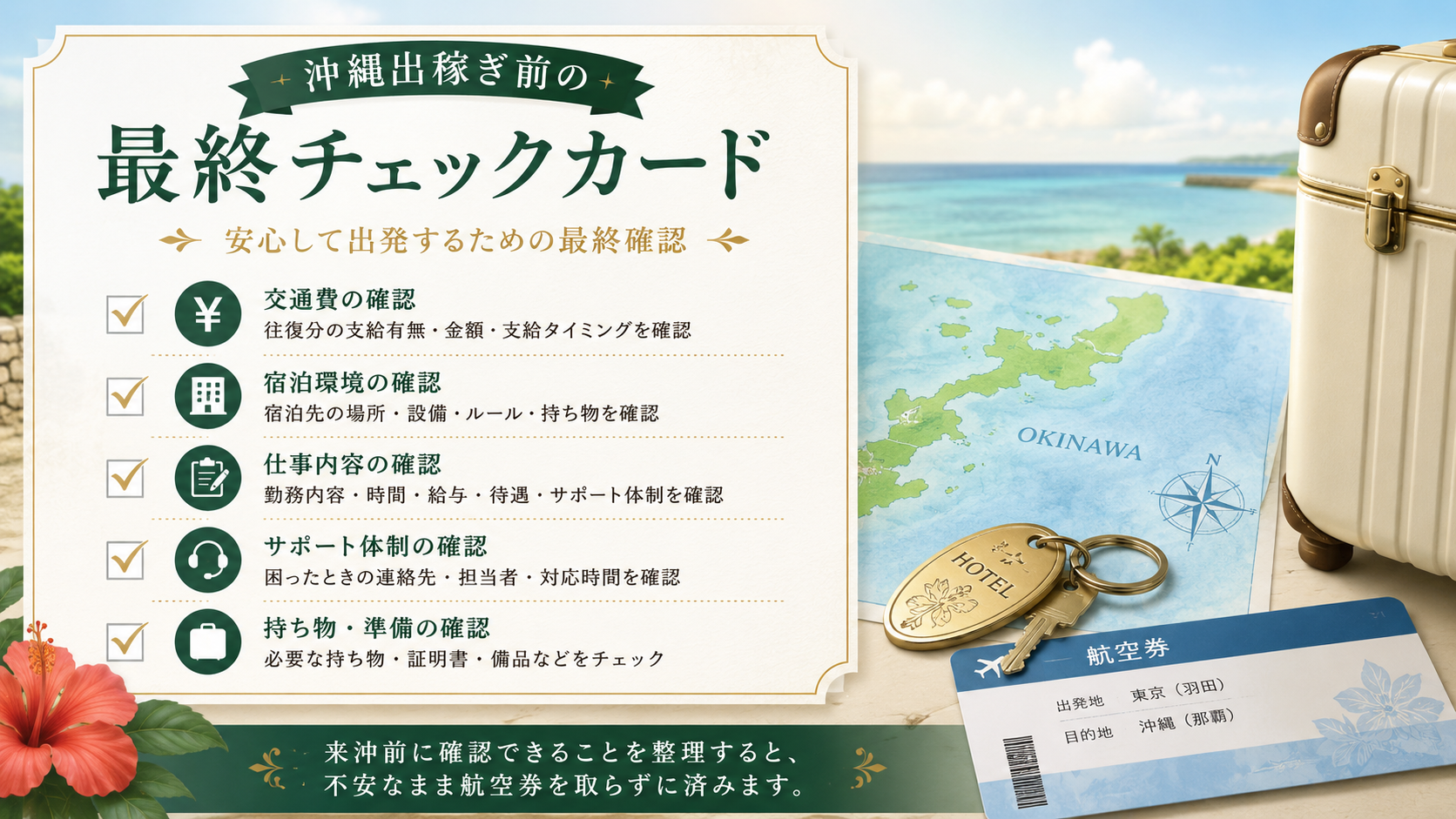 沖縄出稼ぎ前に交通費や宿泊や仕事内容を確認する最終チェックカード風イメージ