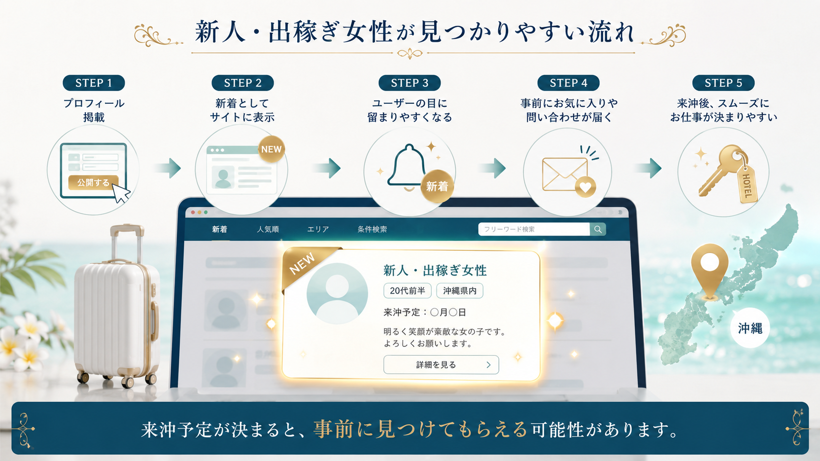 沖縄出稼ぎの新人女性が掲載後に見つかりやすい流れを示すイメージ
