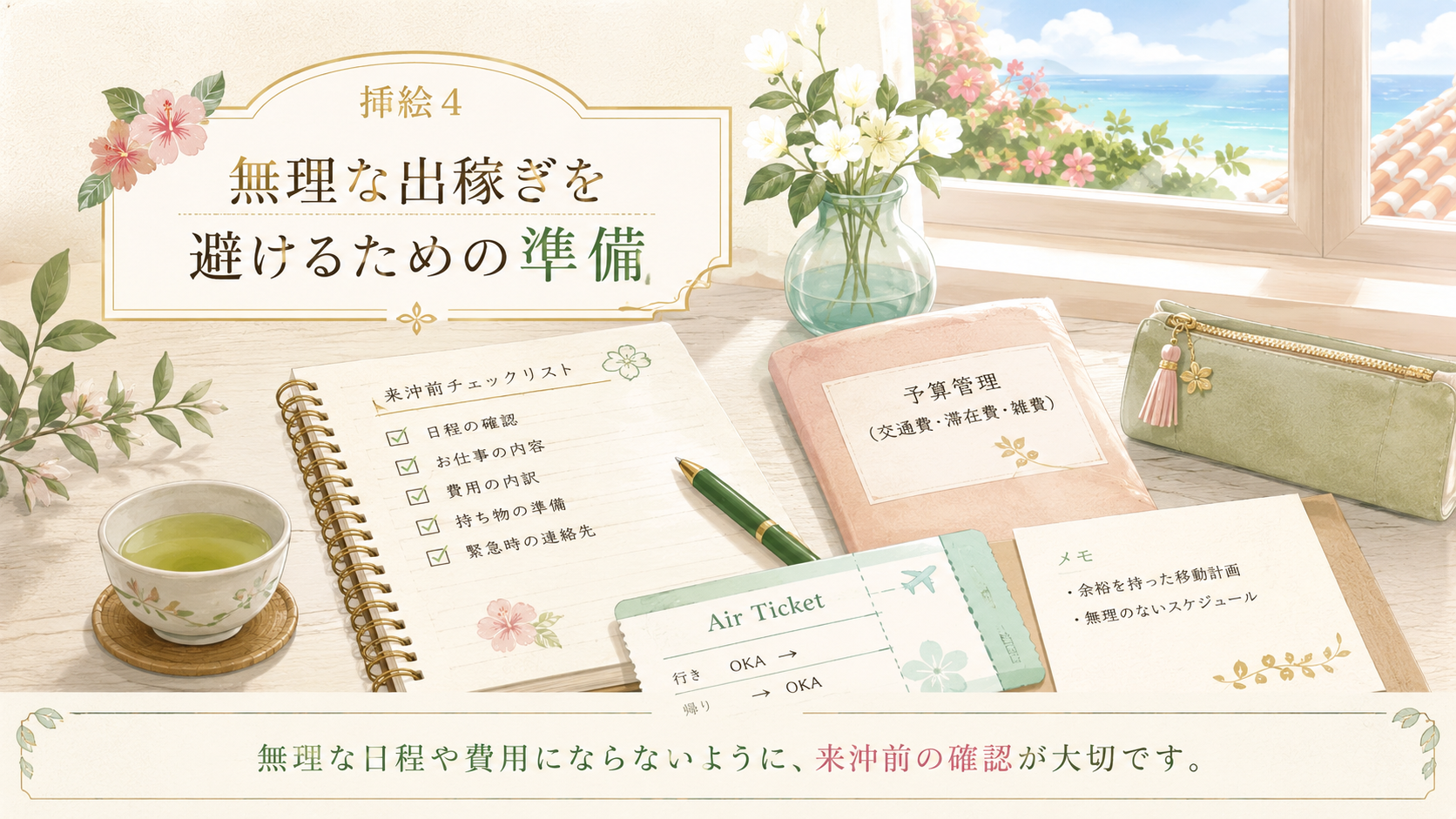 沖縄出稼ぎで無理な日程や費用を避けるために準備するイメージ