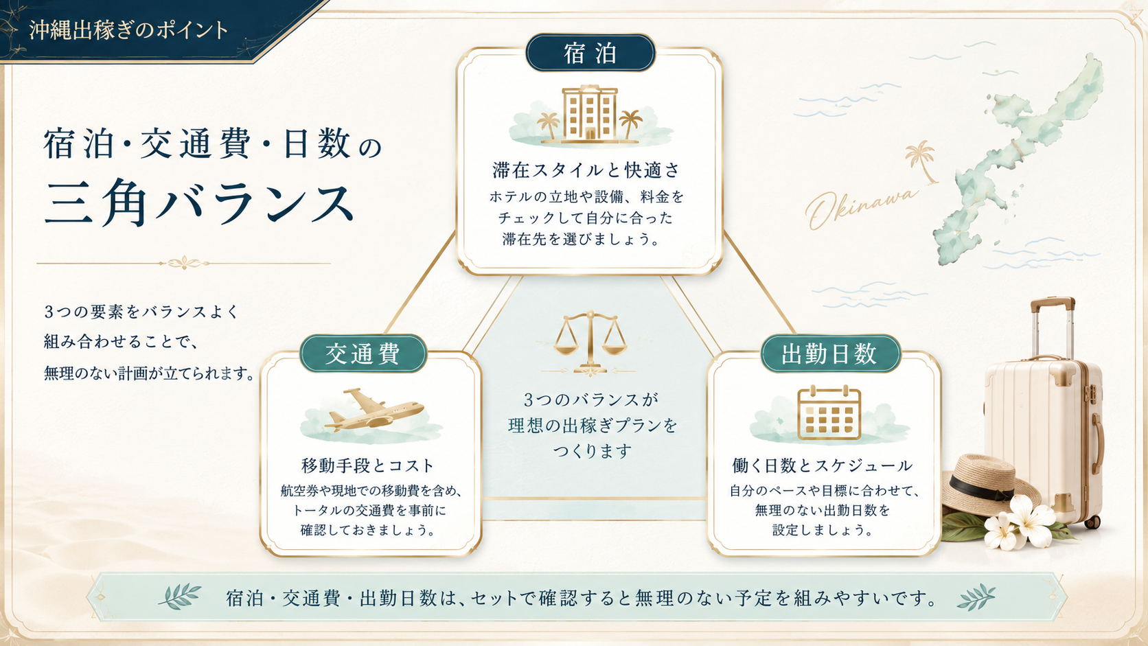 沖縄出稼ぎで宿泊と交通費と出勤日数のバランスを見る図解