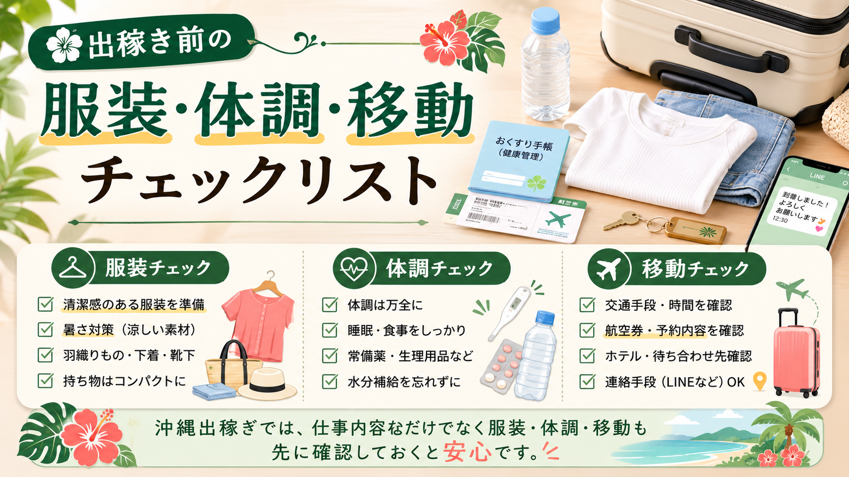 沖縄出稼ぎ前に服装や体調や移動を確認するチェックリスト風イメージ