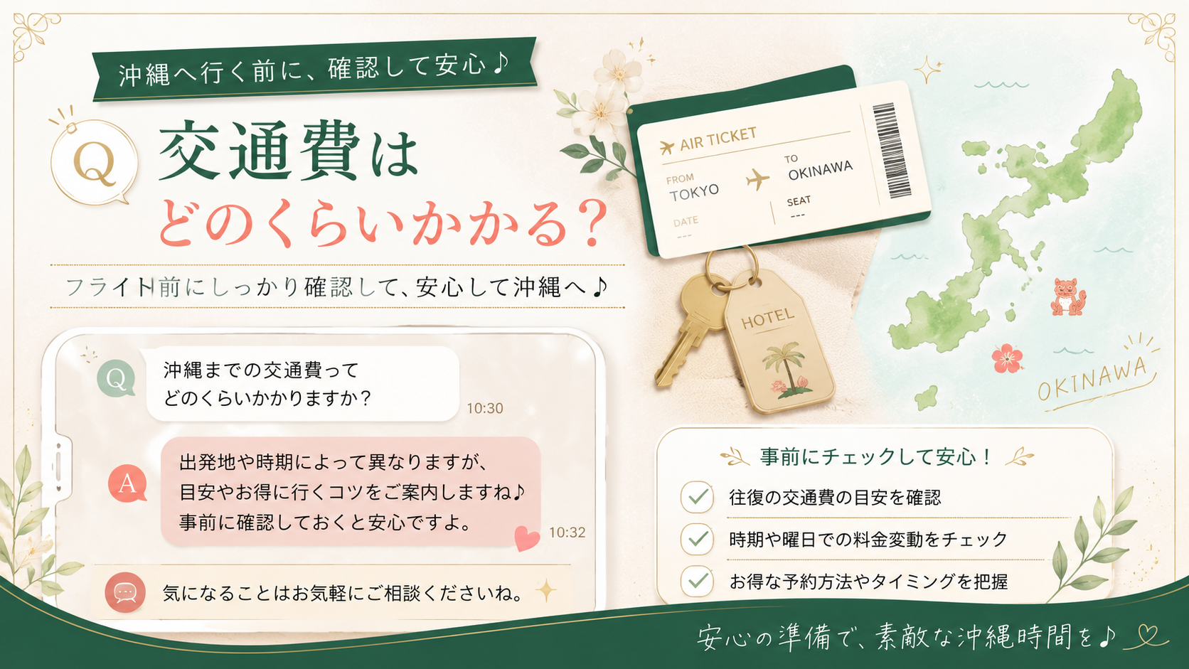 沖縄へ来る前に交通費をLINEで確認できることを示す相談カード風イメージ