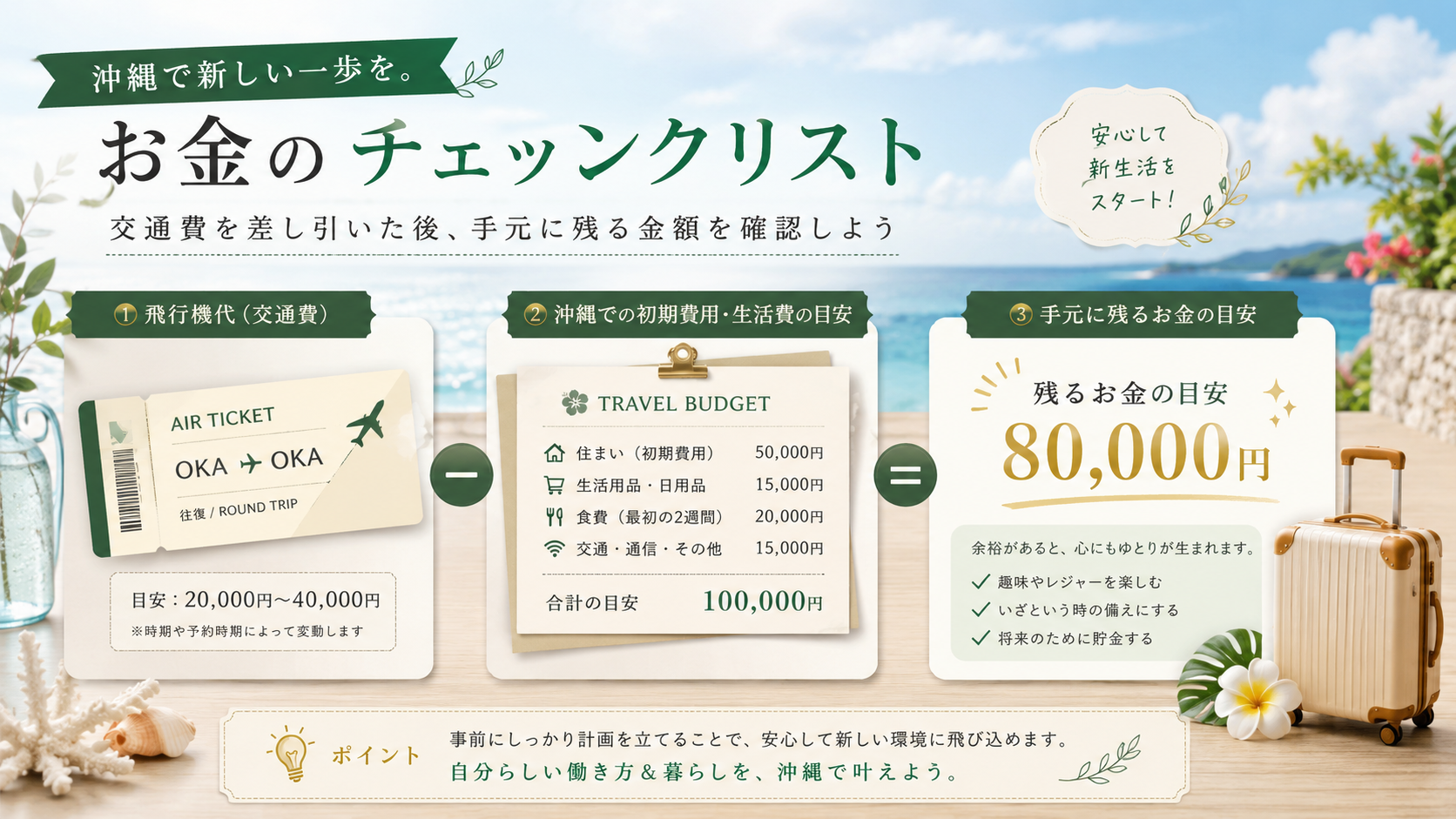 沖縄出稼ぎで航空券や交通費が手元に残るお金に関係することを示す図解