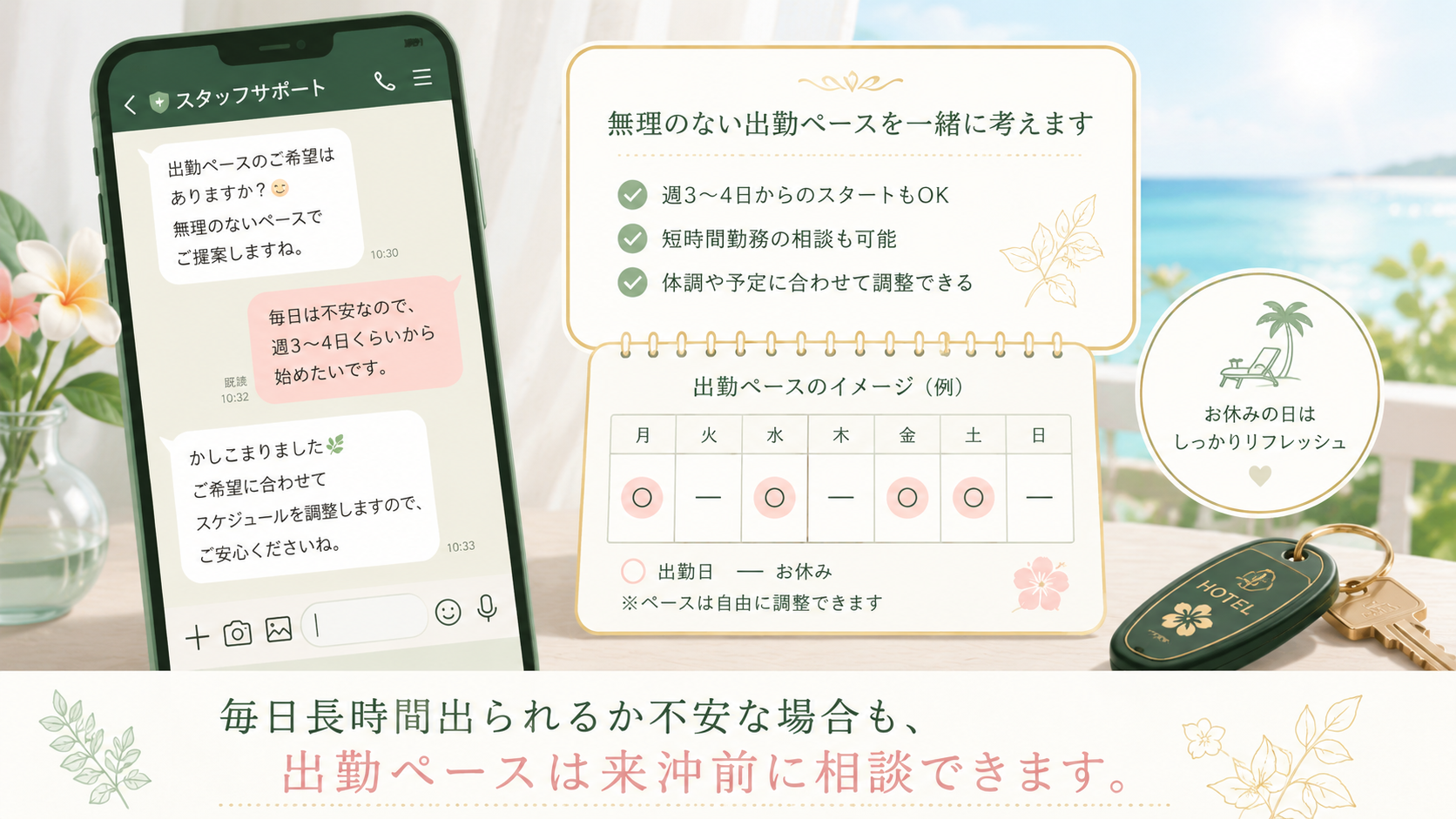 沖縄出稼ぎ前に無理のない出勤ペースをLINEで相談できるイメージ