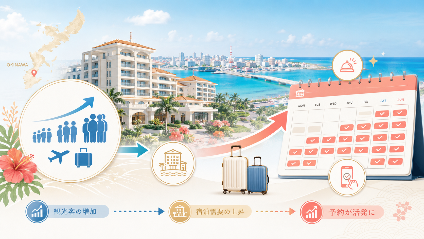 沖縄で観光客が増えることで予約の動きが早くなりやすい流れを示す図解
