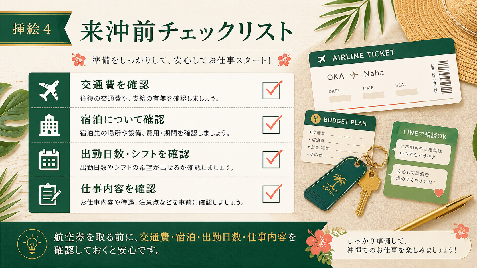 沖縄出稼ぎ前に交通費や宿泊や出勤日数を確認するチェックリスト風イメージ