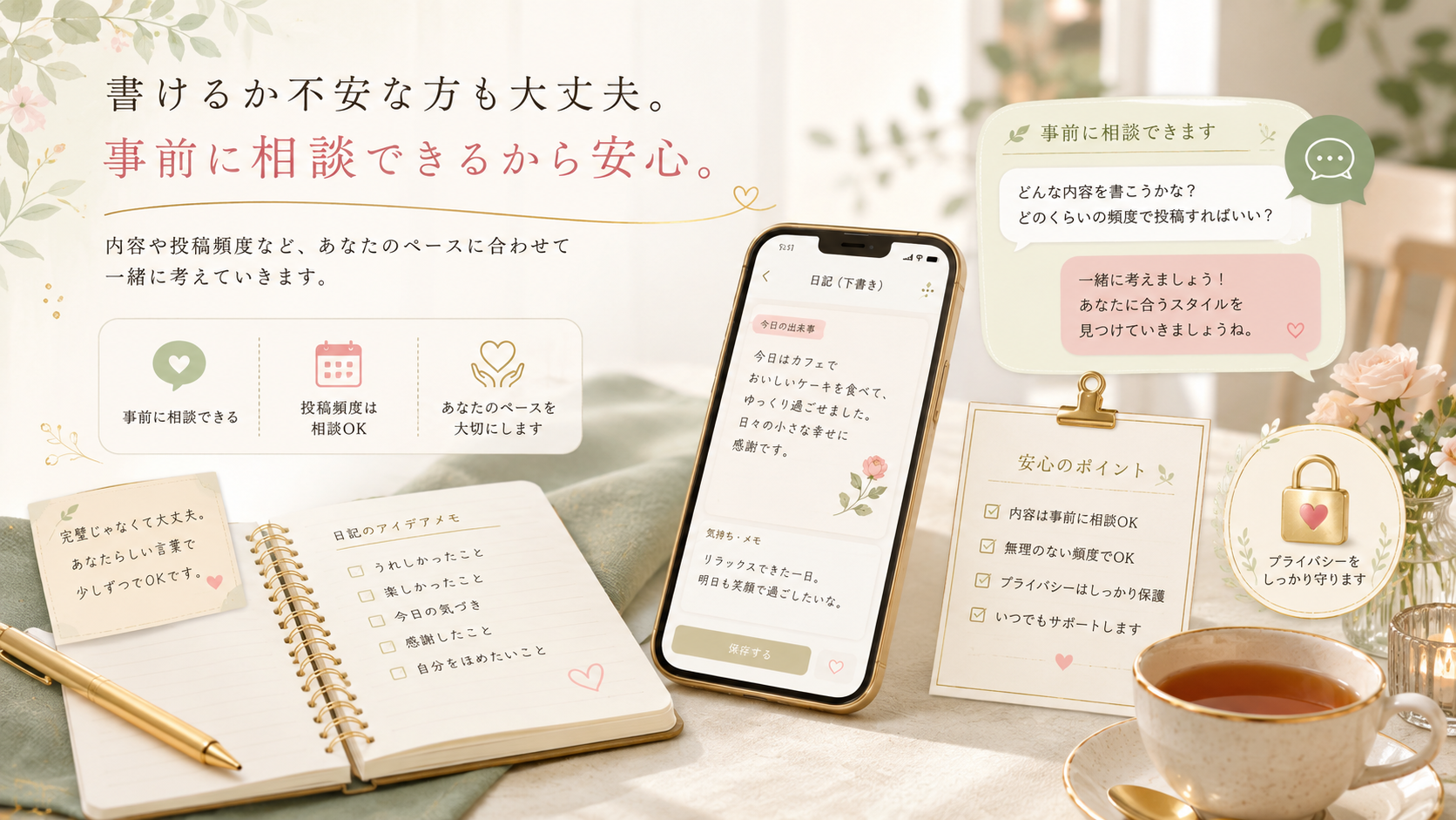 写メ日記が苦手な女性でも内容や頻度を先に相談できることを示すノート風イメージ