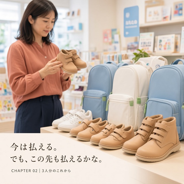 子ども用の靴が大・中・小で並ぶ売場で、成長していく子どもたちの靴を手に取る32歳の母親