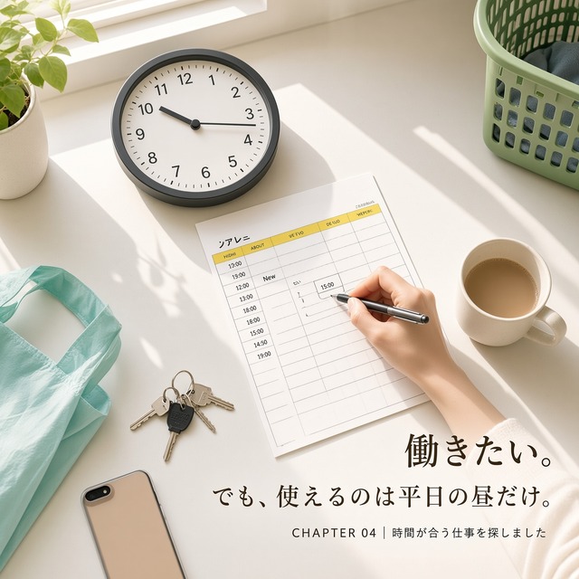 キッチンテーブルを真上から見た構図。時計と時間割に、平日の昼だけ空いている時間をマークする母親の手