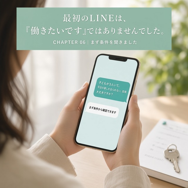 スマホ画面の超接写。母親の手が「子どもが3人いて平日の昼しか出られない」と条件を確認するメッセージを打つ