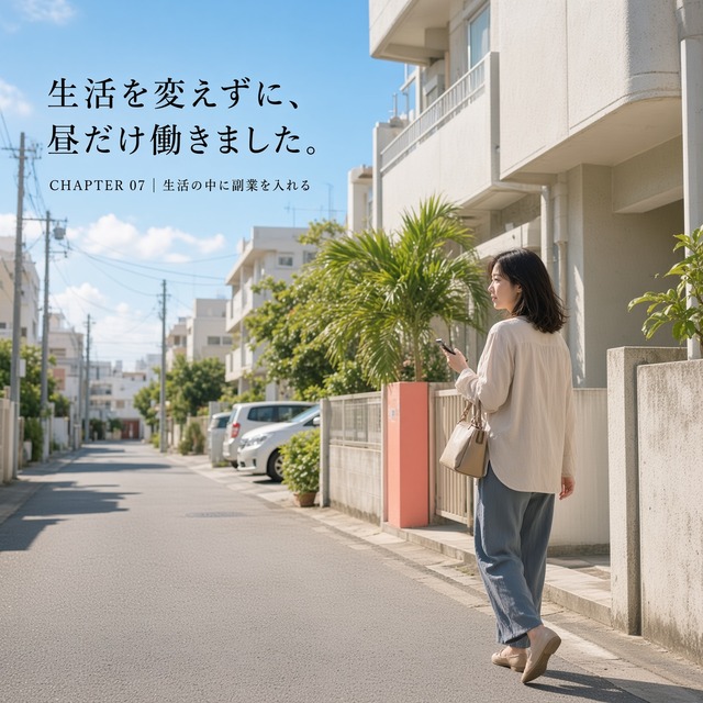 沖縄・那覇の住宅街を、バッグを持ってスマホで時間を確認しながら歩く32歳のシングルマザー