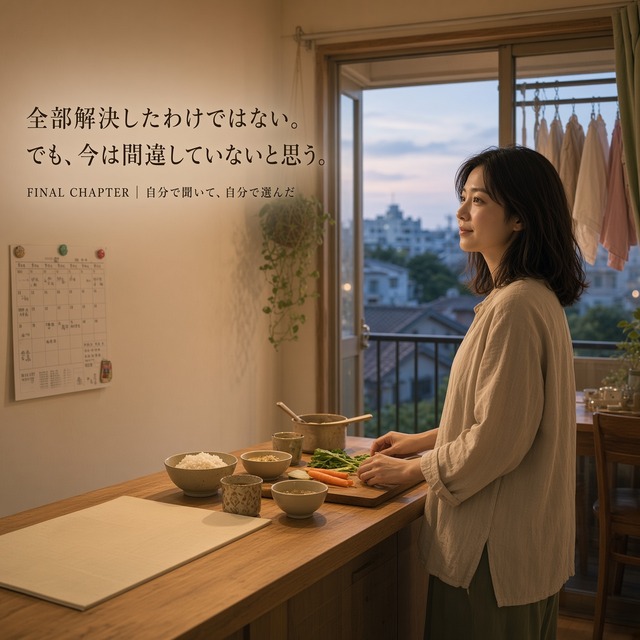 夕方の沖縄の台所で、普通の夕飯を作りながら穏やかな表情を浮かべる32歳のシングルマザー