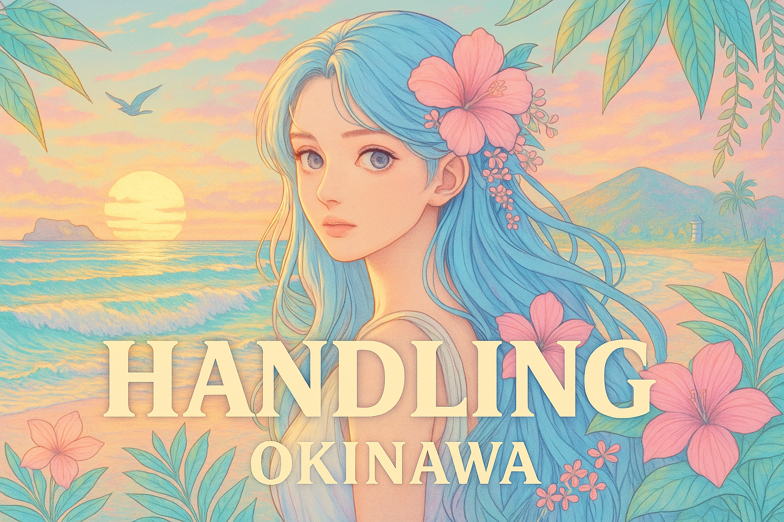 沖縄の海辺に立つ花飾りの女性イラスト。夕日とハイビスカスが南国の雰囲気を演出。
