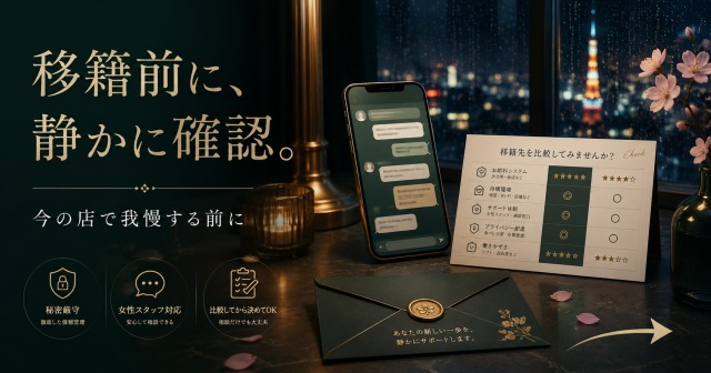 経験者や移籍希望の女性が今の店で我慢する前に客層・単価・写真掲載・出勤ペースをLINEで確認できる求人案内画像