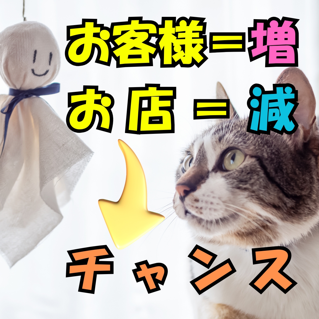 お客様＝増・お店＝減・チャンス！と書かれたポップな文字と、てるてる坊主を見つめる猫の写真。