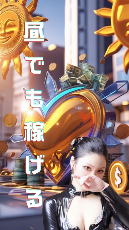 『昼でも稼げる』の縦書き文字と、太陽・コイン・札束・金色ハート、女性モデルを組み合わせた“昼シフト訴求”用アイキャッチ画像。