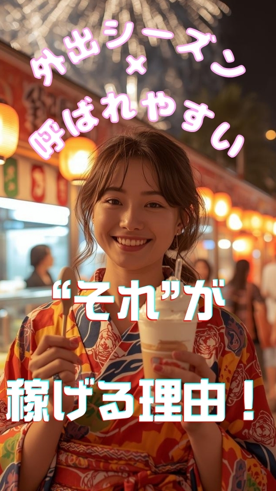 夏祭りの夜、浴衣姿の女性が笑顔でスイーツを持ち、背後に花火が打ち上がる。画像中央に「外出シーズン×呼ばれやすい “それ”が稼げる理由！」の文字。