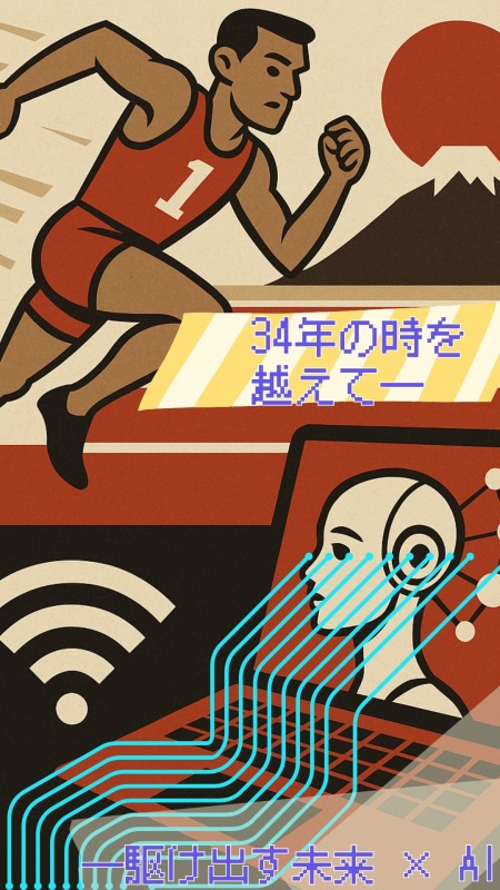 陸上選手とAIを象徴するイラスト「34年の時を越えて」