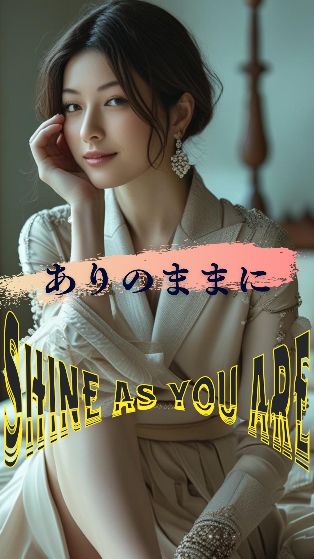 落ち着いた雰囲気の女性が微笑んで座っている写真。画像上に『ありのままに』『SHINE AS YOU ARE』の文字がデザインされている