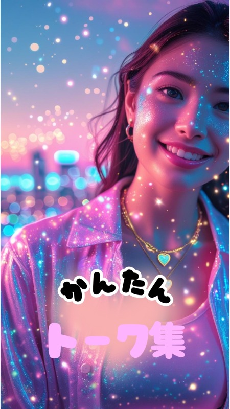 ネオンにきらめく女性のポートレート。やさしい笑顔で『かんたんトーク集』を案内するアイキャッチ