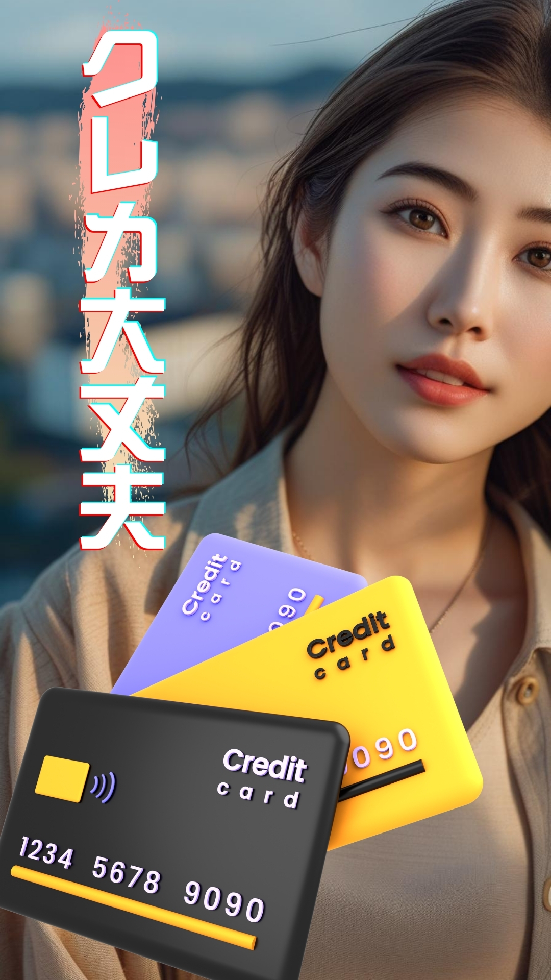 若い女性モデルの横にカラフルなクレジットカードのイラストと「クレカ大丈夫」の縦文字。カード決済対応を知らせる宣伝用バナー。
