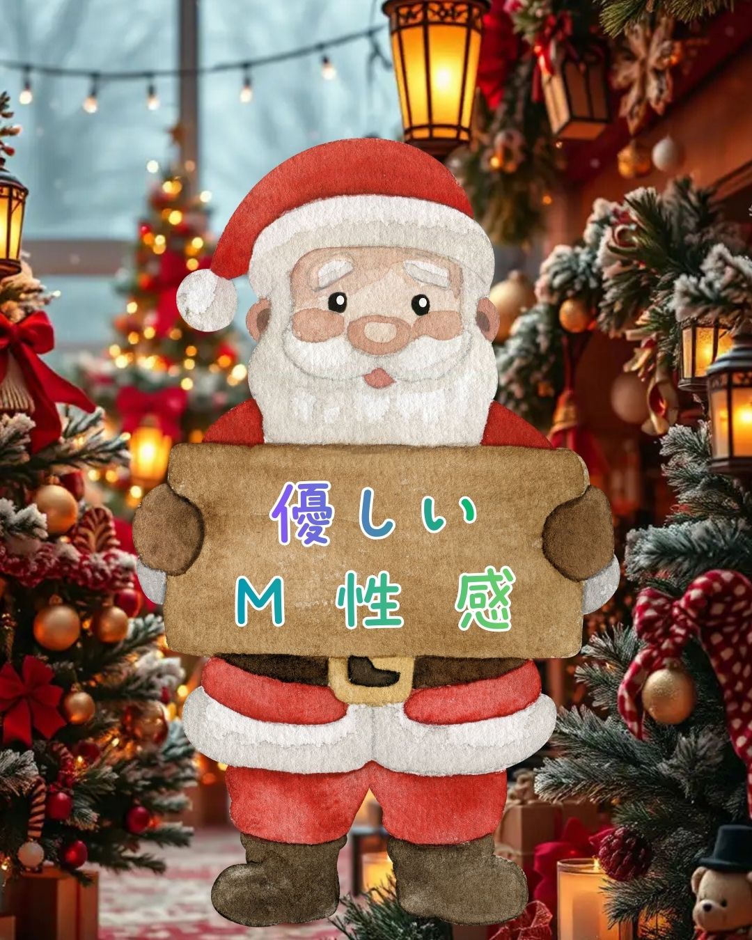 クリスマス装飾に囲まれたサンタクロースのイラストが、手書き風のボードに「優しいM性感」と書かれた文字を掲げている画像。