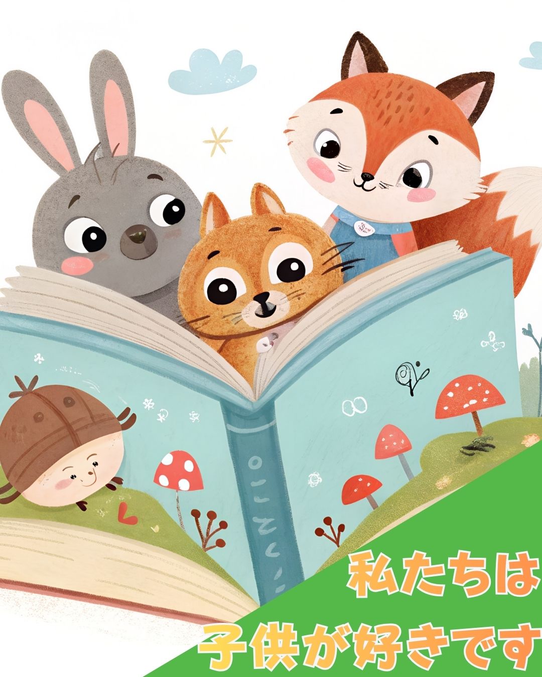 絵本を囲んで読むウサギ、キツネ、ネコのキャラクターが描かれたイラスト。右下には緑色の帯があり「私たちは子供が好きです」というメッセージが書かれている。