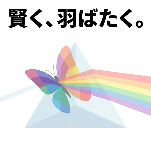 プリズムを通り抜け、虹色に輝く蝶のイラスト。
