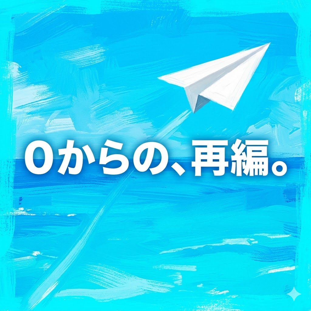 沖縄の青い海の上を飛ぶ白い紙飛行機。再起への道筋。