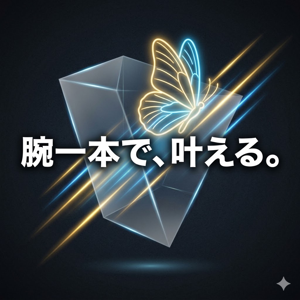 ネオンの光の中に浮かぶ蝶とガラスのプリズム。再生と未来をイメージしたイラスト。
