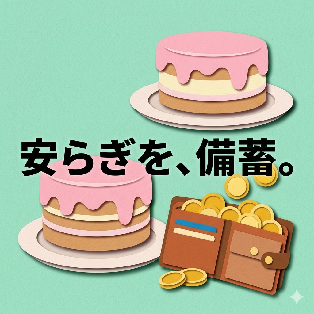 切り絵調のケーキと溢れる金貨。日常の安らぎと経済的防衛。