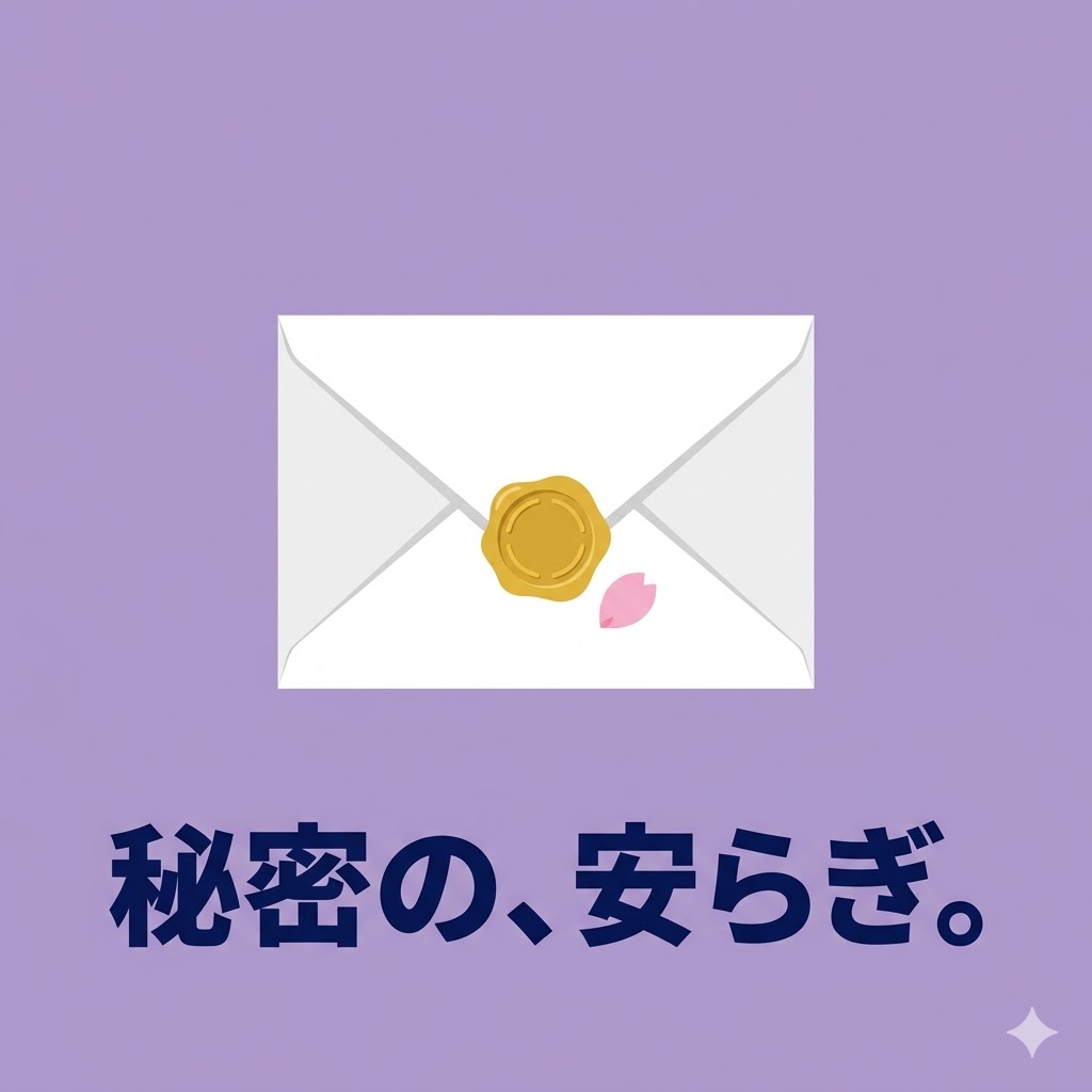 白い封筒と金色の封蝋、桜の花びら。秘密と安らぎを象徴。