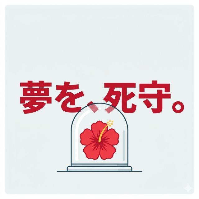 透明なガラスドームの中で大切に守られた赤いハイビスカスと、その傍らに置かれた黄金の剣。守護と戦いを象徴するエメラルドグリーンの背景のイラスト。