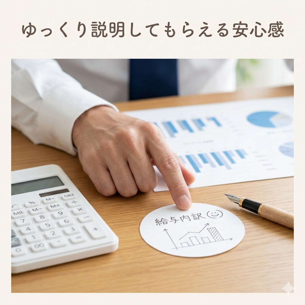 清潔なデスクで、電卓と丁寧に書かれた「収益モデル」のメモを指し示す手元。