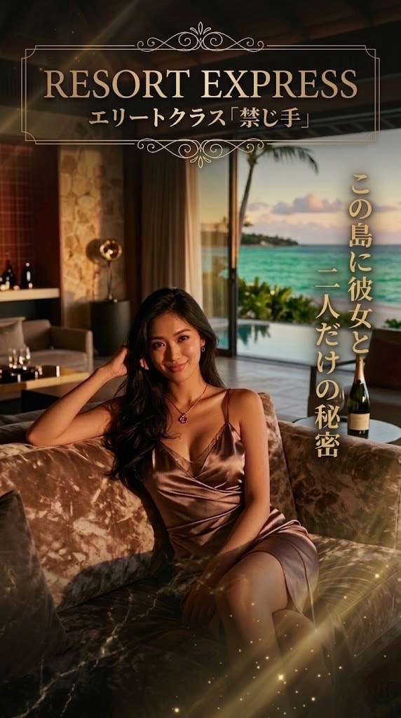 高級リゾートヴィラのソファで妖艶に微笑む美女の画像。上部には金色の装飾枠に囲まれた「RESORT EXPRESS エリートクラス禁じ手」のロゴ。背景には美しい沖縄の海と夕暮れが広がり、右側には「この島に彼女と二人だけの秘密」という金色の縦書き文字が記されている。