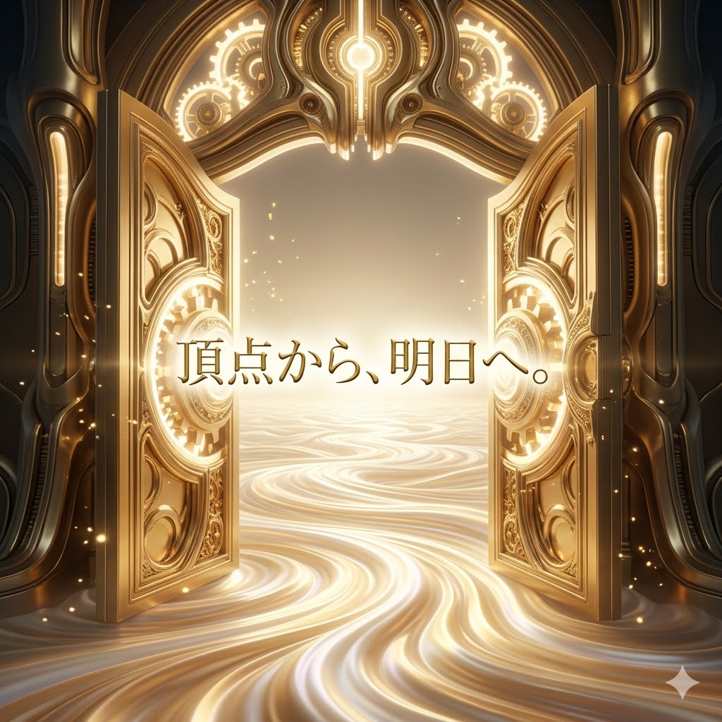 黄金の門と「頂点から、明日へ。」の文字。