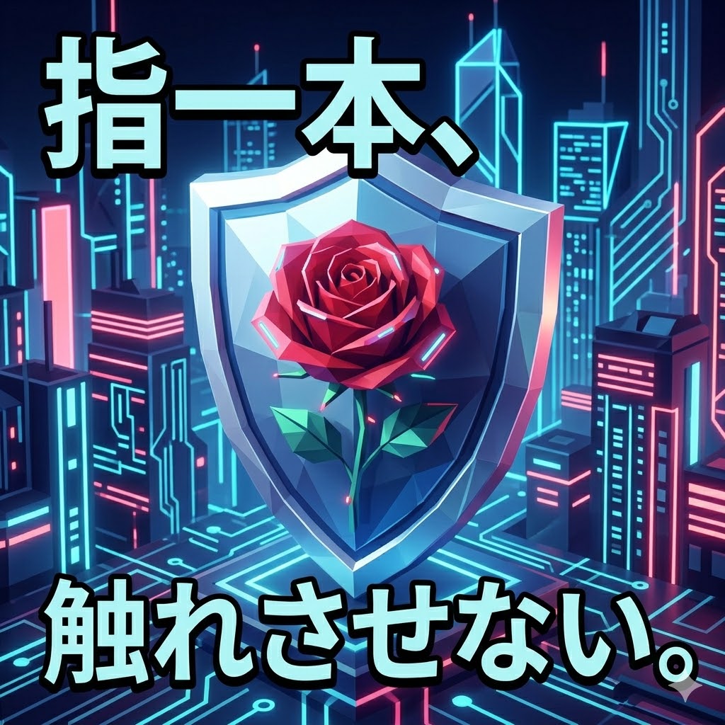 薔薇を護るネオンの盾。サイバーパンク・ポリゴンアート。