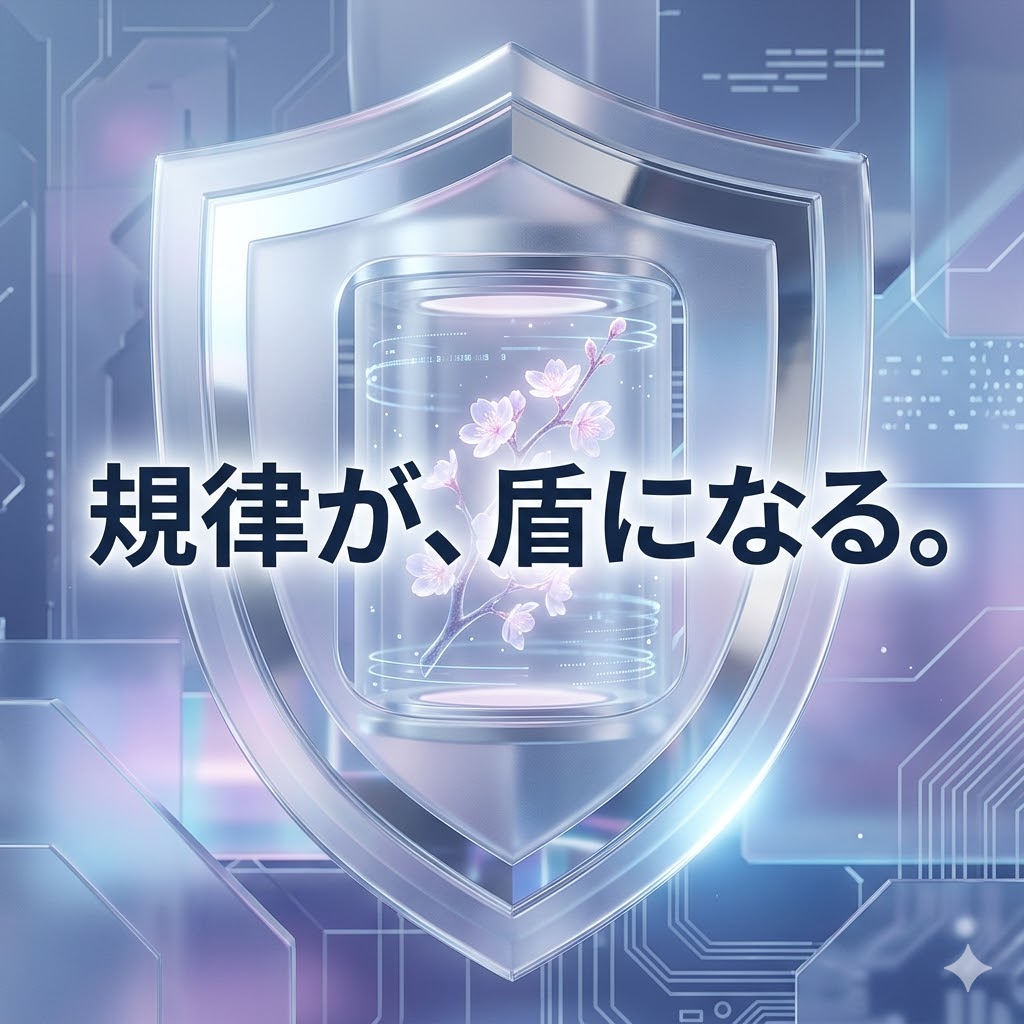 銀の盾と「規律が、盾になる。」の文字。