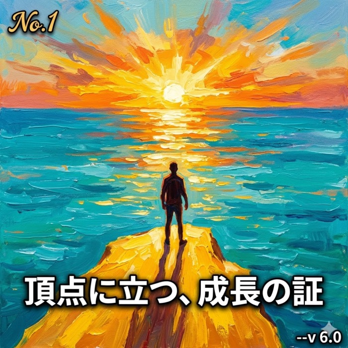 黄金の崖から朝日を眺める油彩画。NO.1の到達を象徴。