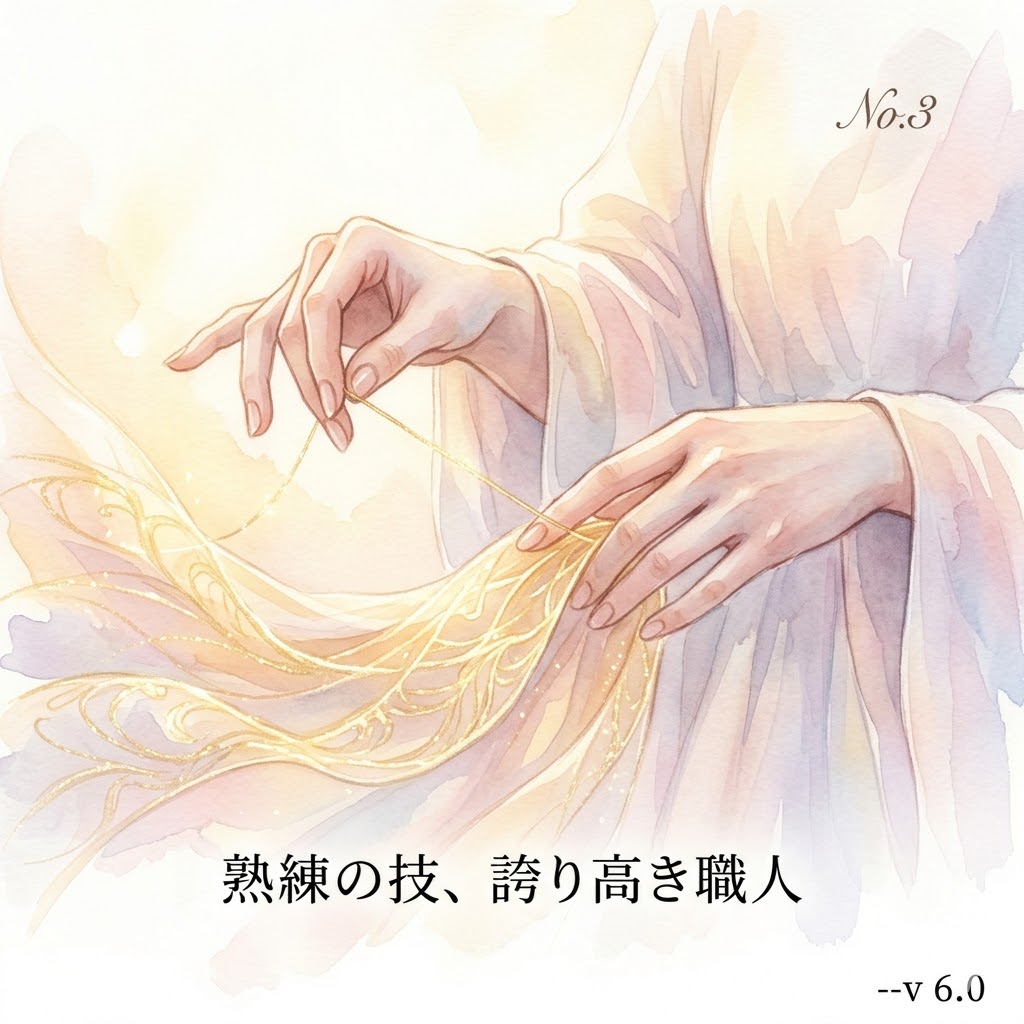 黄金の糸を紡ぐ女性の手。自立への道を象徴。